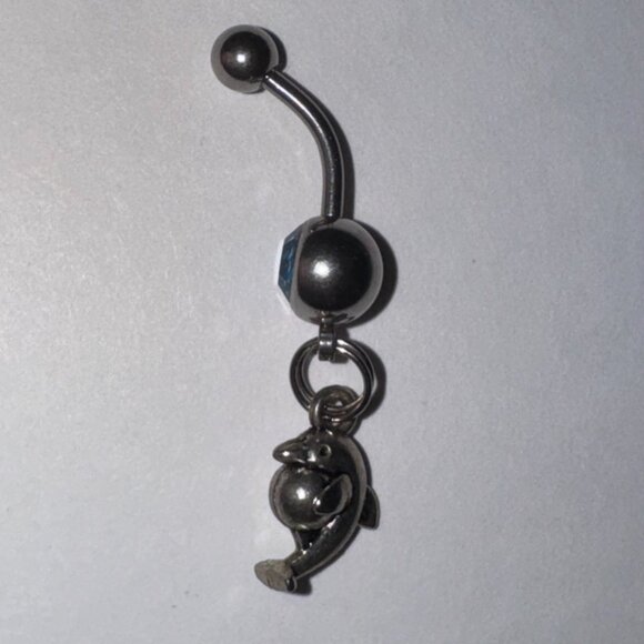 Aqua Blue Dolphin with Ball Dangle Belly Ring - Picture 12 of 16